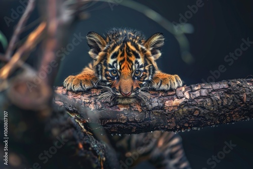 A young tiger cub is resting on a tree branch, surrounded by leaves and branches photo