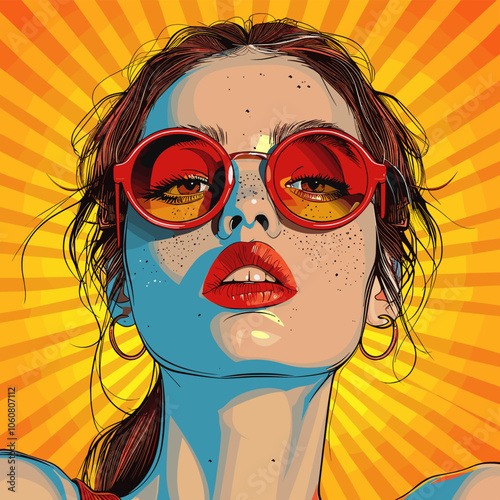 Woman with red glasses and red lipstick is the main subject of the image. The woman is wearing a yellow shirt and is looking at the camera. The image has a pop art style and is very colorful