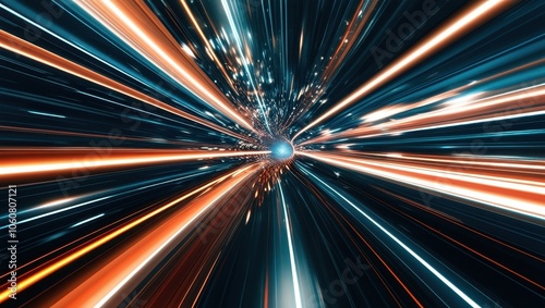 Abstract light trails, hyperspace effect, warp speed, colorful streaks, blue and orange glow, dynamic motion blur, star field, cosmic journey, futuristic, sci-fi concept, time travel, radial blur, lon