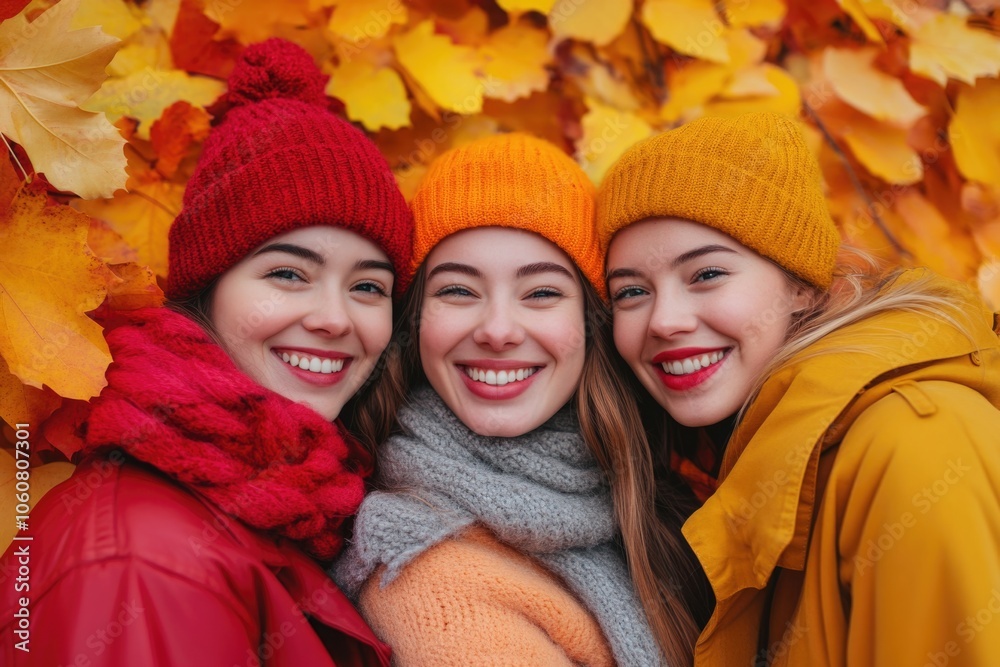 Three friends pose together in front of a tree, smiling and laughing Three friends pose together in front of a tree, smiling and laughing