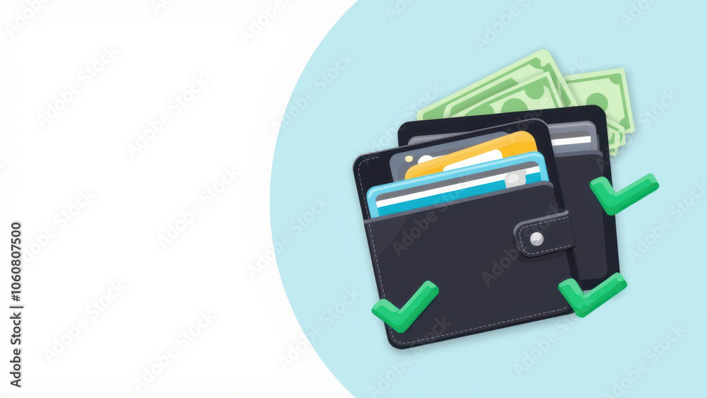 Black wallet with credit cards and money.