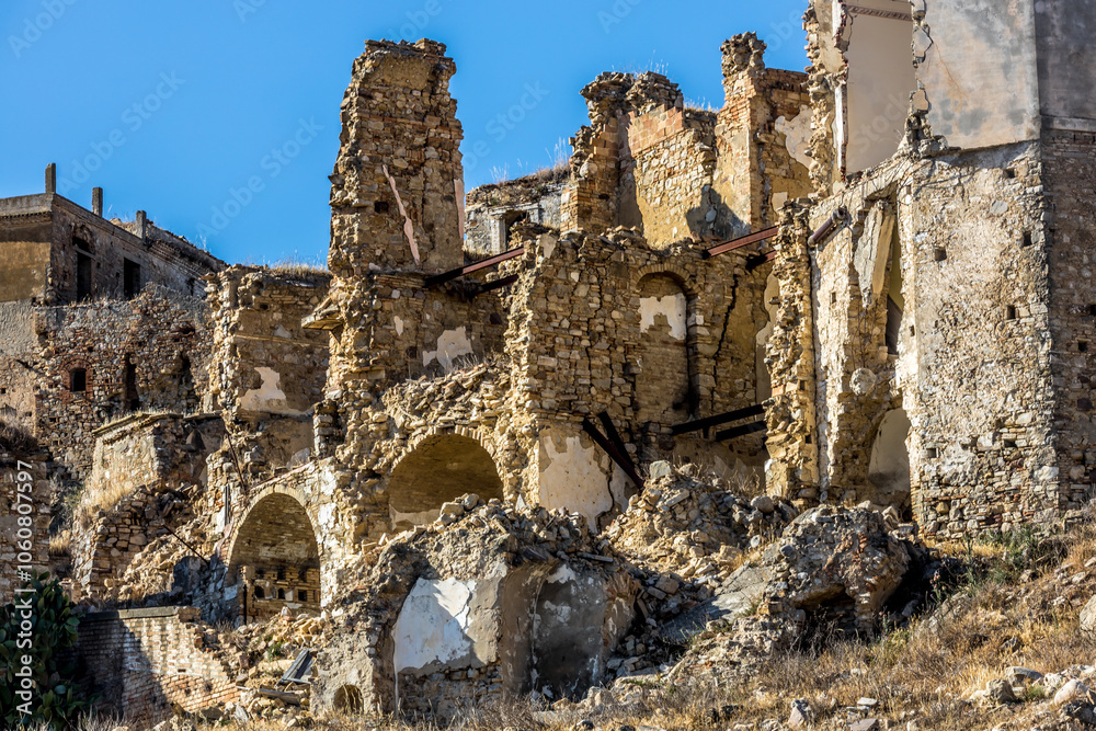 Abandoned ruins of the ghost town of Craco. A city abandoned due to an earthquake in the late 20th century. Province of Matera, Basilicata, Italy