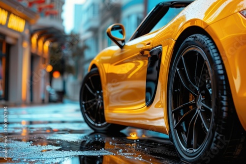 A bright yellow sports car is parked on a wet city street, ready for action