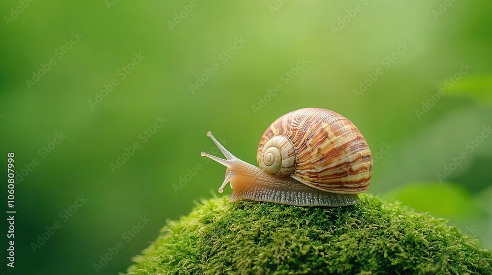 Snail on a mossy rock, closeup shot with details of the shell and surroundings Snail on a mossy rock, closeup shot with details of the shell and surroundings