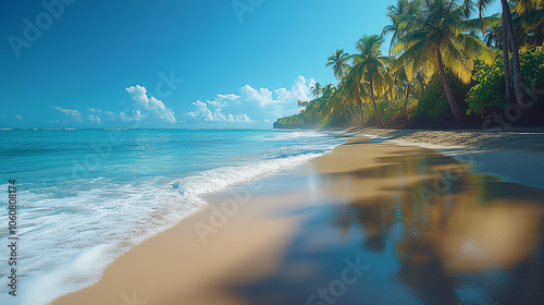 Palm trees and driftwood scattered along the edge of a beach, waves rolling in: Pieces of driftwood lie along the shore, with tall palms standing nearby. The waves roll onto the sa
