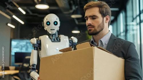 A concerned man holding a box of belongings stands next to a robot, symbolizing automation and job displacement in the workplace.