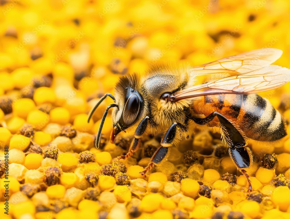 Bee collecting pollen, closeup shot of pollen grains on the bees legs and flower petals Bee collecting pollen, closeup shot of pollen grains on the bees legs and flower petals