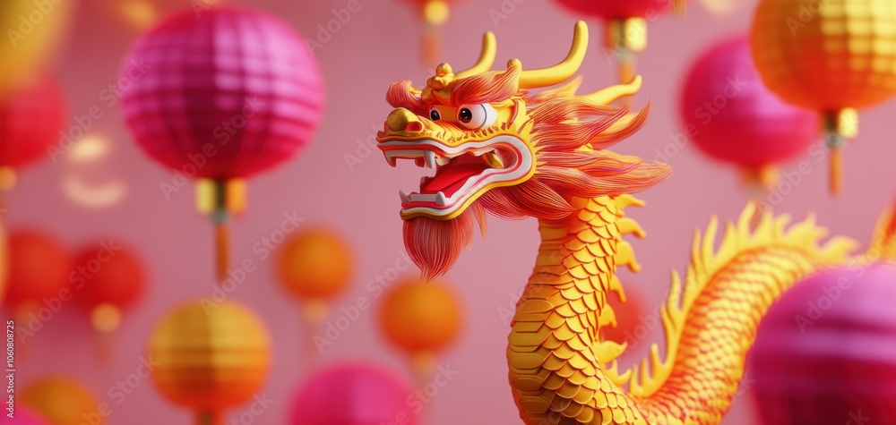 A vibrant golden dragon figurine surrounded by colorful lanterns, symbolizing prosperity and good fortune in a festive atmosphere. A vibrant golden dragon figurine surrounded by colorful lanterns, symbolizing prosperity and good fortune in a festive atmosphere.