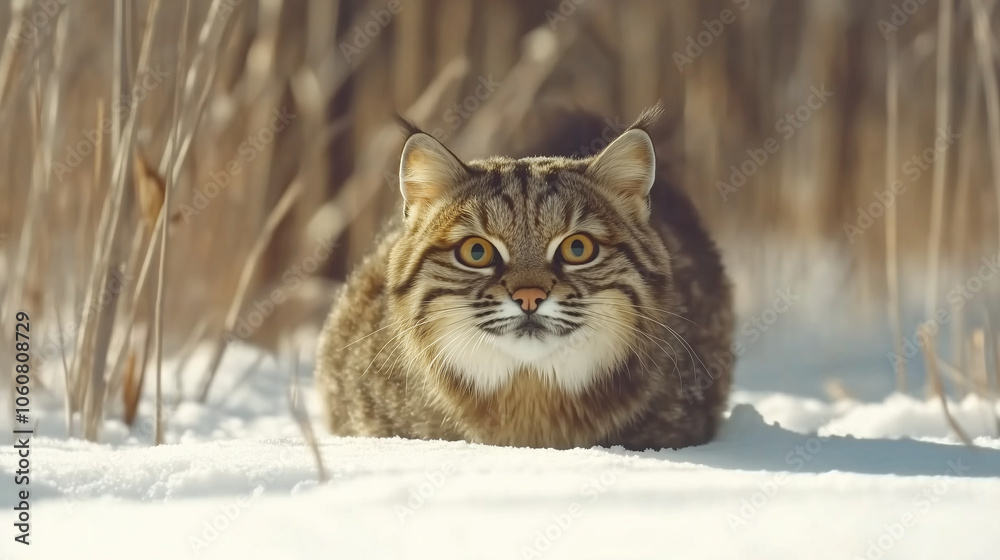 Bushy wildcat poised for the hunt in a snow-covered, remote habitat, where faint footprints reveal the path to its next meal amidst the icy silence