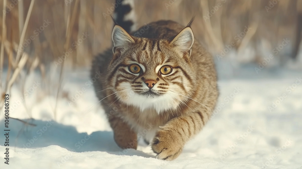 Bushy, agile wildcat on the prowl in a cold, snowy habitat, tracing light footprints as it moves with quiet purpose, fully immersed in the hunt for its next prey Bushy, agile wildcat on the prowl in a cold, snowy habitat, tracing light footprints as it moves with quiet purpose, fully immersed in the hunt for its next prey