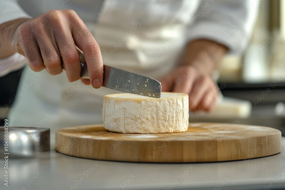 Chef cutting a wheel of soft cheese with knife on wooden board Chef cutting a wheel of soft cheese with knife on wooden board