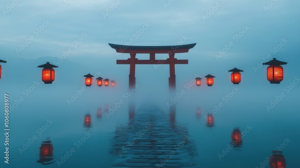 Serene Torii Gate Reflection in Misty Lake Serene Torii Gate Reflection in Misty Lake