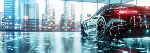 Futuristic sports car with glowing features, parked in a modern urban environment with a city skyline in the background, reflecting high-tech innovation.