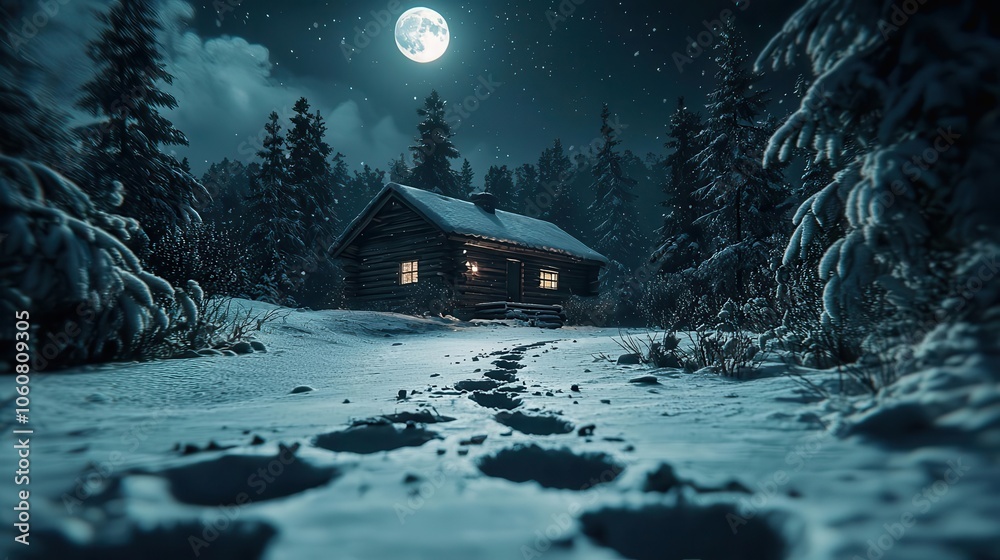 Fototapeta premium Santas footprints leading to snowy cabin, moonlight casting glow, Mysterious winter holiday