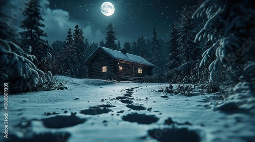 Santas footprints leading to snowy cabin, moonlight casting glow, Mysterious winter holiday