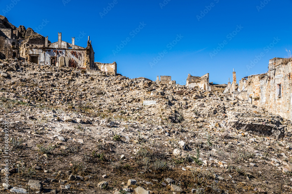 Abandoned ruins of the ghost town of Craco. A city abandoned due to an earthquake in the late 20th century. Province of Matera, Basilicata, Italy