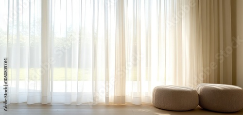 Soft, light-filtering curtains elegantly drape in a serene environment, complemented by stylish cushioned seats, creating a tranquil atmosphere.