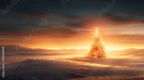 beautiful Christmas tree stands alone on snowy hillside, illuminated by warm lights against stunning sunset backdrop. serene landscape evokes sense of peace and joy