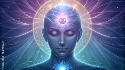 Meditating figure, third eye open, surrounded by glowing patterns on a mystical background