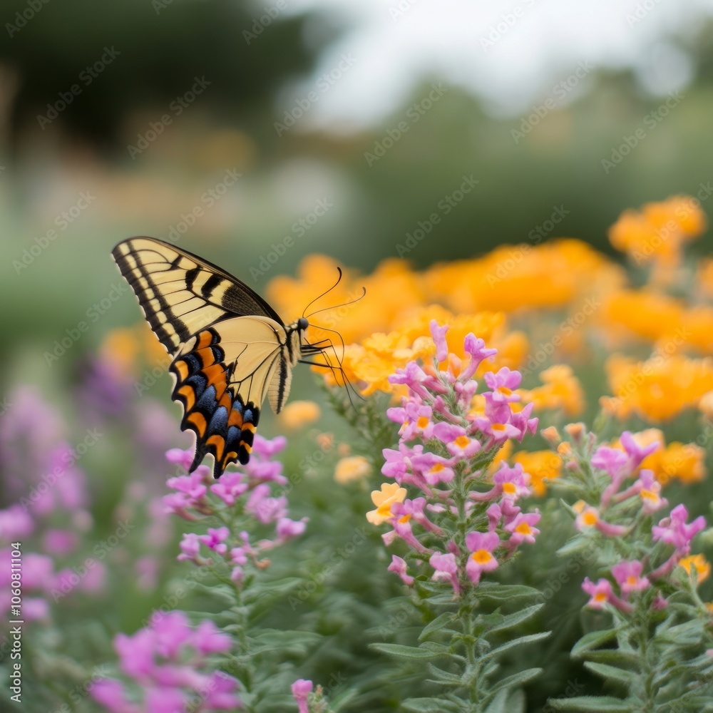 A swallowtail butterfly perches on a pink and orange flower in a garden, with a blurred background of green foliage. A swallowtail butterfly perches on a pink and orange flower in a garden, with a blurred background of green foliage.