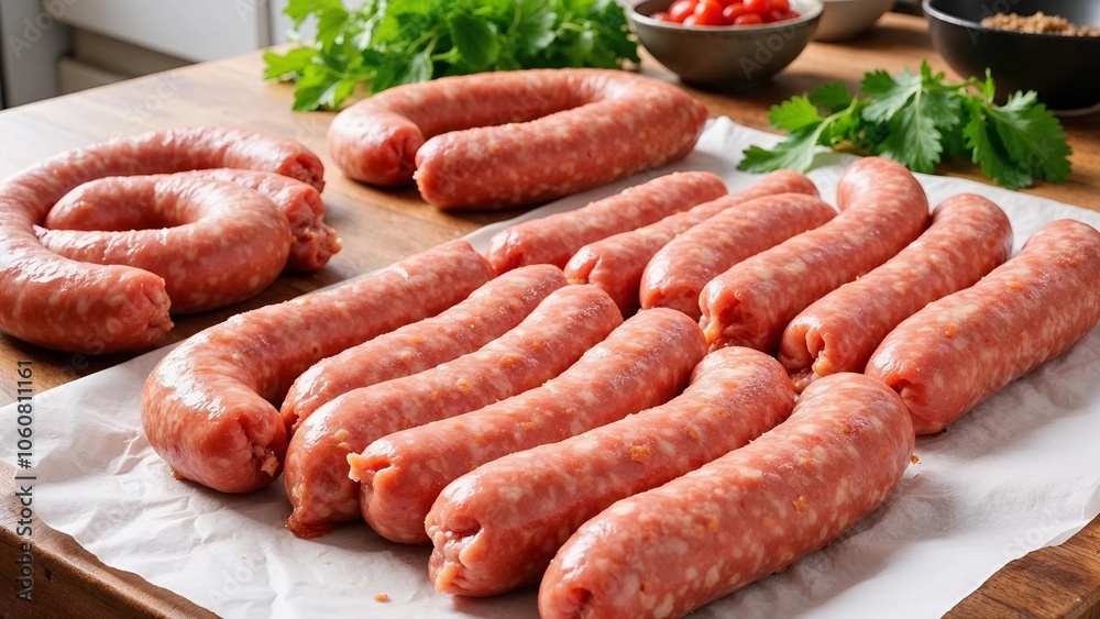 Raw sausages placed on white paper, ready for cooking, creating a fresh and appetizing scene Raw sausages placed on white paper, ready for cooking, creating a fresh and appetizing scene