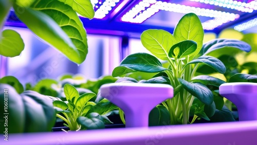 Indoor hydroponic farm, vibrant green leafy plants, purple LED grow lights, white plastic troughs, vertical farming system, futuristic agriculture, clean sterile environment, high-tech gardening, sust photo