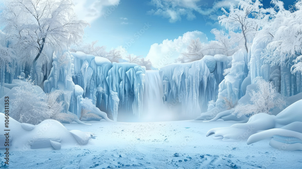 stunning frozen waterfall surrounded by icy cliffs and serene winter landscape, showcasing beauty of nature in tranquil, snowy environment stunning frozen waterfall surrounded by icy cliffs and serene winter landscape, showcasing beauty of nature in tranquil, snowy environment