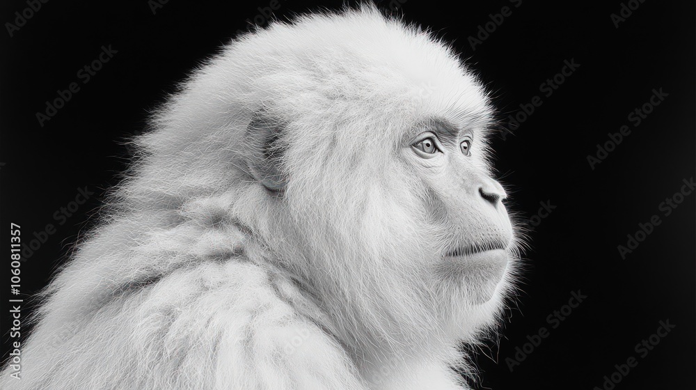 Fototapeta premium A snow monkey with white fur sits facing to the right against a black background.