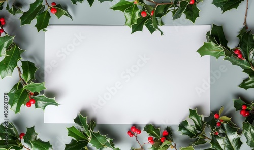 Christmas holly leaves and red berries banner frame on green background, perfect for holiday invitations, greeting cards, and seasonal designs. Classic festive decoration symbolizing Christmas spirit. photo