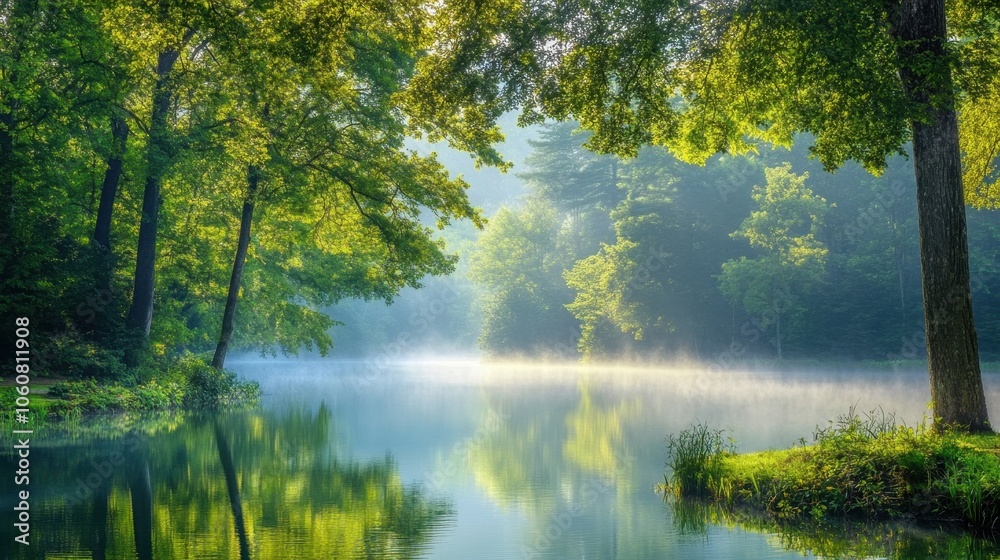 Serene Woodland Lake Embraced by Lush Foliage Serene Woodland Lake Embraced by Lush Foliage