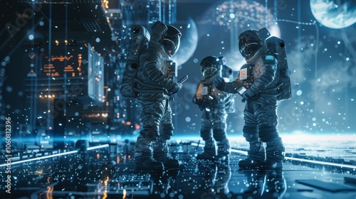 Astronauts are using futuristic holographic tablets on a space station with planets and digital data streams in the background, showcasing advancements in space exploration and technology