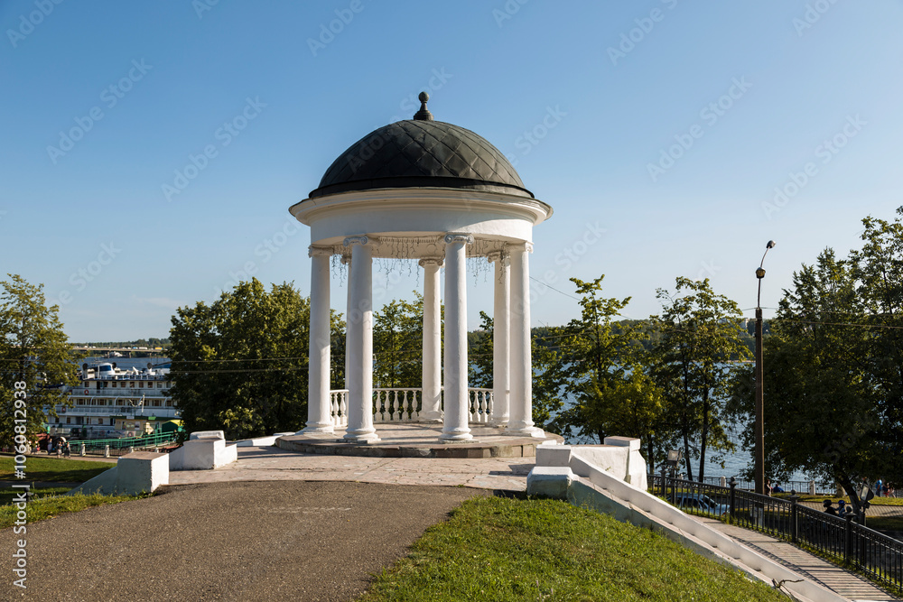 Ostrovsky's gazebo on the Volga embankment in Kostroma on a sunny summer day. Russia Ostrovsky's gazebo on the Volga embankment in Kostroma on a sunny summer day. Russia
