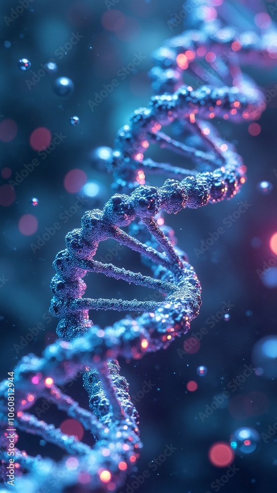 Close-Up of DNA Helix Structure in Futuristic Blue and Red Digital 3D Illustration Close-Up of DNA Helix Structure in Futuristic Blue and Red Digital 3D Illustration