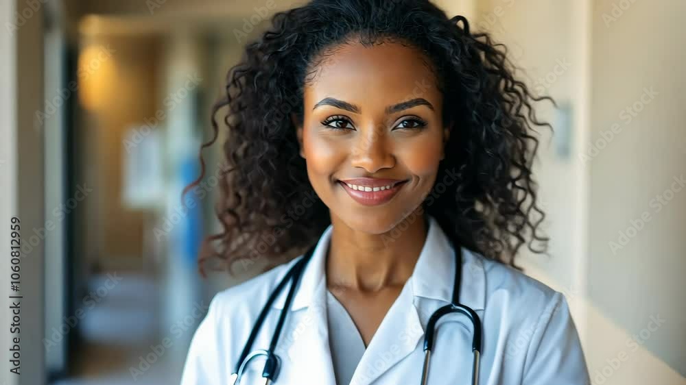 A smiling female doctor wearing a white coat and stethoscope stands in a hallway A smiling female doctor wearing a white coat and stethoscope stands in a hallway
