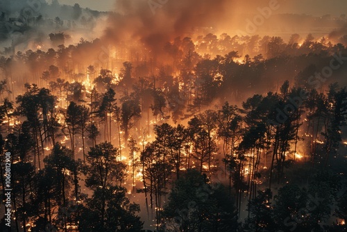 Devastating forest fire engulfs trees in chaos as smoke billows into the air at dusk