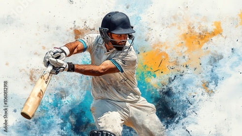 Cricket batsman hitting the ball, intense concentration, watercolor style