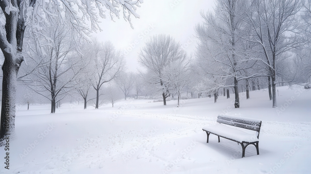 snow covered bench in quiet park creates serene atmosphere, surrounded by trees blanketed in white. peaceful scene invites reflection and tranquility snow covered bench in quiet park creates serene atmosphere, surrounded by trees blanketed in white. peaceful scene invites reflection and tranquility