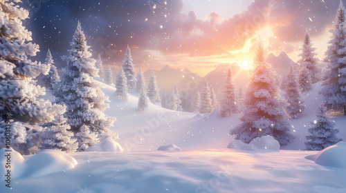 serene winter landscape featuring snow covered pine trees illuminated by soft morning light, creating peaceful and magical atmosphere