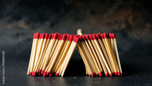 matches, red tips, wooden sticks, aligned, organized, dark background, macro photography, symmetry, repetition, fire hazard, flammable objects, striking surface, close-up, panoramic composition, minim photo