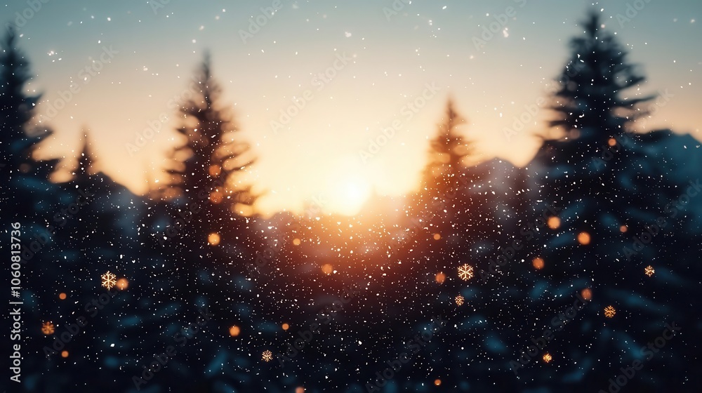 Snowflakes falling on pine forest at dusk, holiday glow, Enchanting winter scene Snowflakes falling on pine forest at dusk, holiday glow, Enchanting winter scene