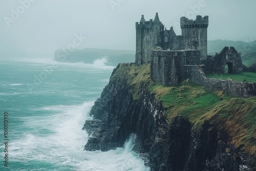 Medieval castle overlooking stormy sea on cloudy day photo