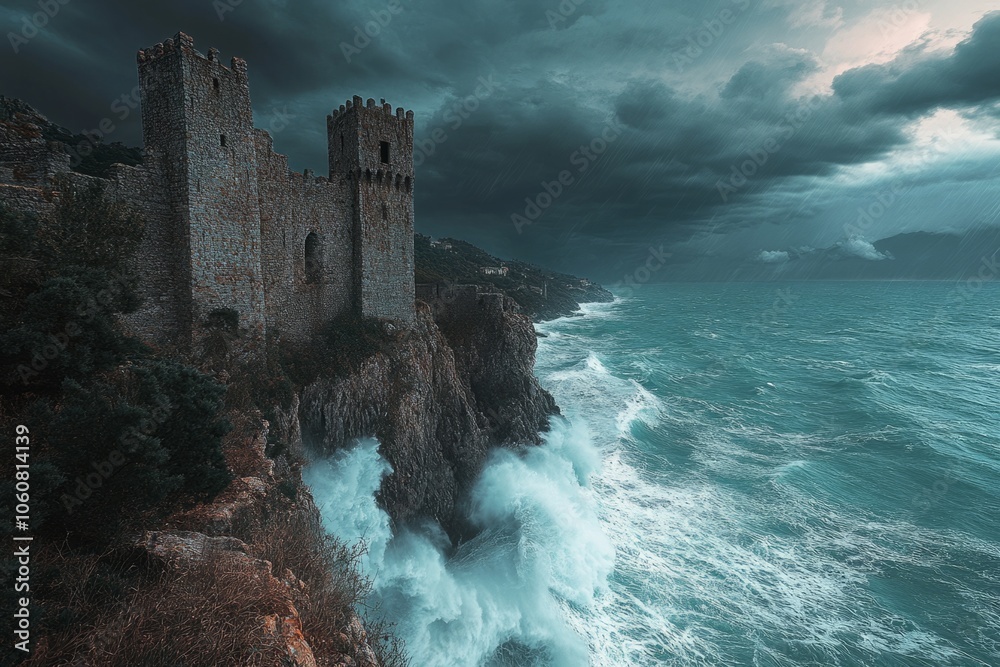 castle perched on cliff overlooking misty sea castle perched on cliff overlooking misty sea