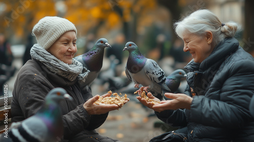 Old ladies on a park bench feeding pigeons with breadcrumbs: Each woman holds a handful of breadcrumbs with five fingers visible, tossing pieces to the pigeons gathered around. The