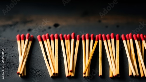 matches, red tips, wooden sticks, aligned, organized, dark background, macro photography, symmetry, repetition, fire hazard, flammable objects, striking surface, close-up, panoramic composition, minim photo