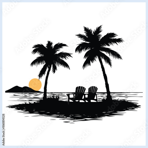 Summer Beach Island silhouette, Palm trees sunset vector and Beach scene illustration, Summer vacation doodles icon 