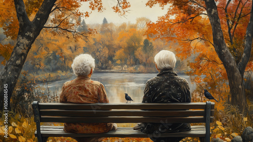 Two elderly ladies sitting quietly on a bench, observing nature around them: Each womanâs hands rest on her lap, with five fingers clearly visible. Their faces are peaceful and ref