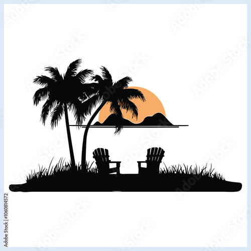 Summer Beach Island silhouette, Palm trees sunset vector and Beach scene illustration, Summer vacation doodles icon 