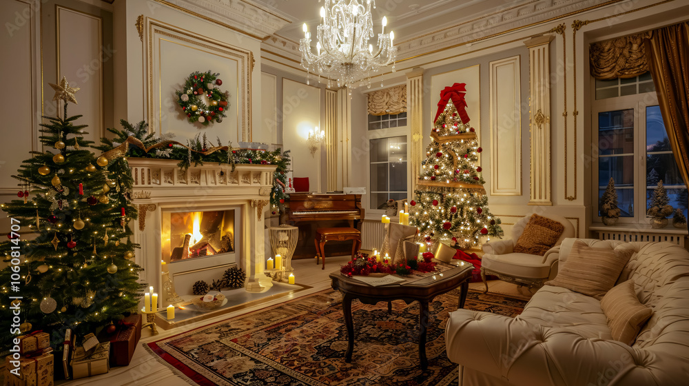 Christmas Evening by Candlelight: A classic apartment decorated for Christmas, featuring a white fireplace, a beautifully decorated tree, a cozy sofa, large windows Christmas Evening by Candlelight: A classic apartment decorated for Christmas, featuring a white fireplace, a beautifully decorated tree, a cozy sofa, large windows