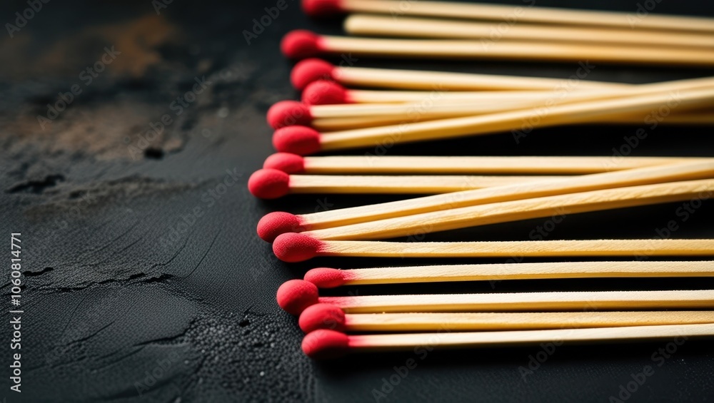 matches, red tips, wooden sticks, aligned, organized, dark background, macro photography, symmetry, repetition, fire hazard, flammable objects, striking surface, close-up, panoramic composition, minim matches, red tips, wooden sticks, aligned, organized, dark background, macro photography, symmetry, repetition, fire hazard, flammable objects, striking surface, close-up, panoramic composition, minim