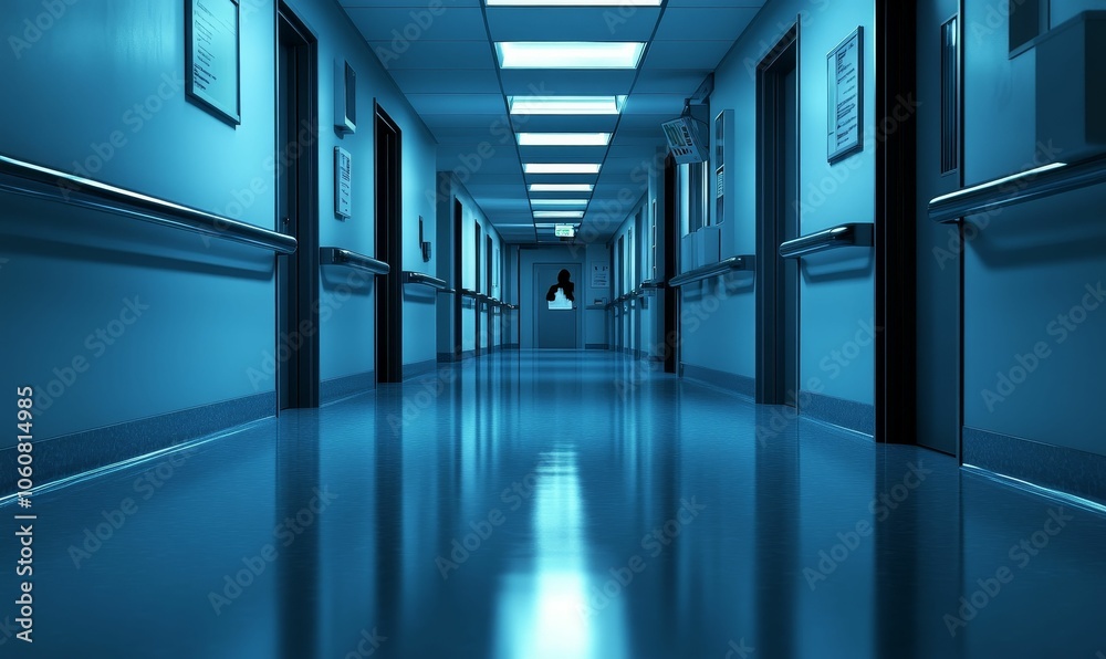Fototapeta premium Empty hospital hallway with blue lighting.